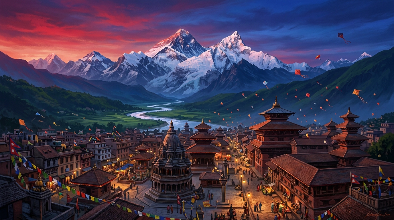 Mount Everest, Himalayan River, and Kathmandu City
